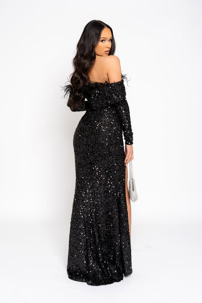 Long sleeve black sequin clearance maxi dress