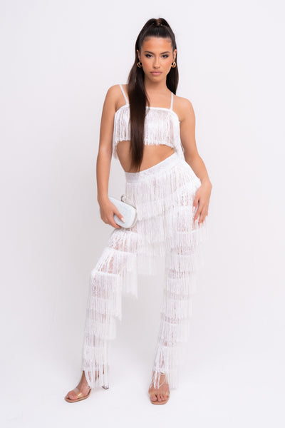 White fringe store two piece set