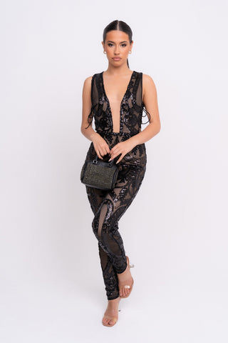 Epic Black Luxe Deep Plunge Illusion Tie Sequin Mesh Embellished