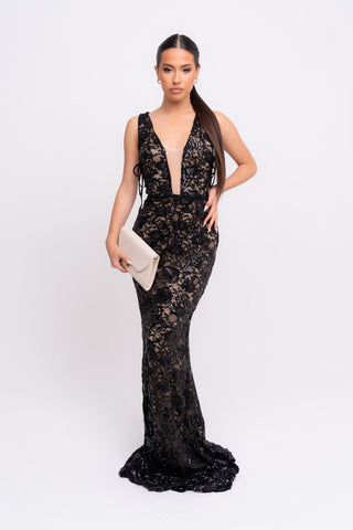 Lace Dress/Dance Sequin Net Fabric- Matt Black Floral SQ366 MTBK