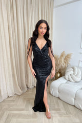 Escala Black Luxe Beaded Shoulder Plunge Wrap Sequin Hourglass Slit Maxi Dress