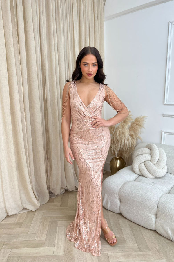 Escala Rose Gold Luxe Beaded Shoulder Plunge Wrap Sequin Hourglass Slit Maxi Dress