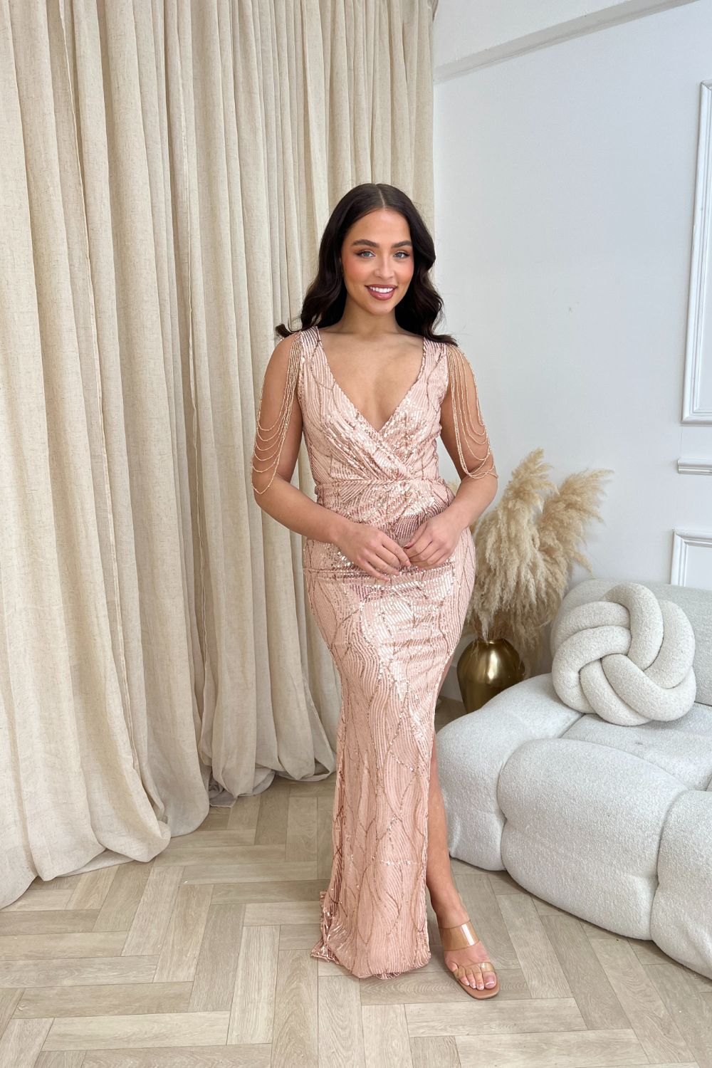 Escala Rose Gold Luxe Beaded Shoulder Plunge Wrap Sequin Hourglass Slit Maxi Dress