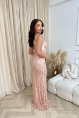 Escala Rose Gold Luxe Beaded Shoulder Plunge Wrap Sequin Hourglass Slit Maxi Dress