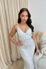 Endless Silver & White Luxe Sequin Backless Hourglass Mermaid Fishtail Maxi Gown Dress