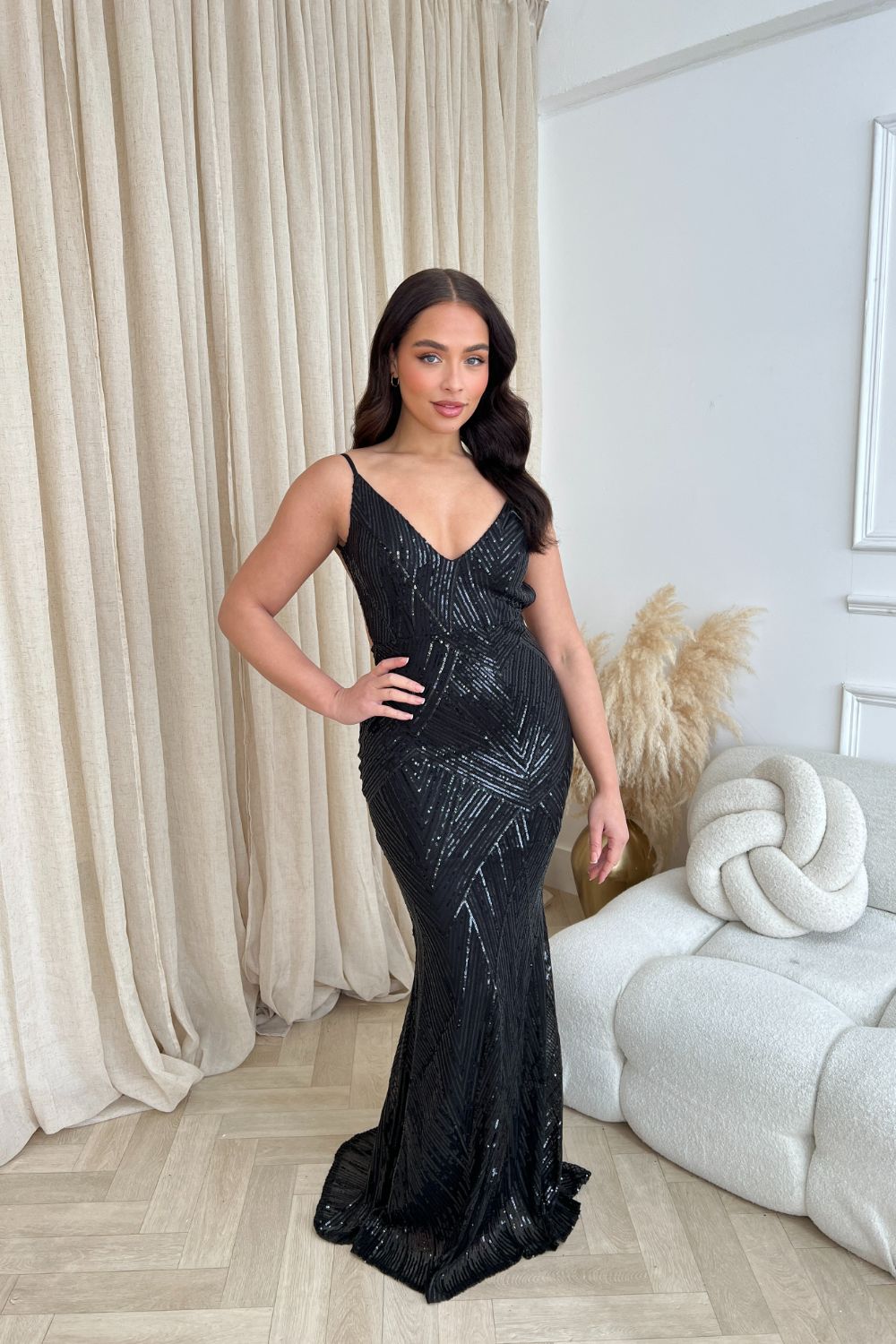 Endless Black Luxe Sequin Backless Hourglass Mermaid Fishtail Maxi Gown Dress