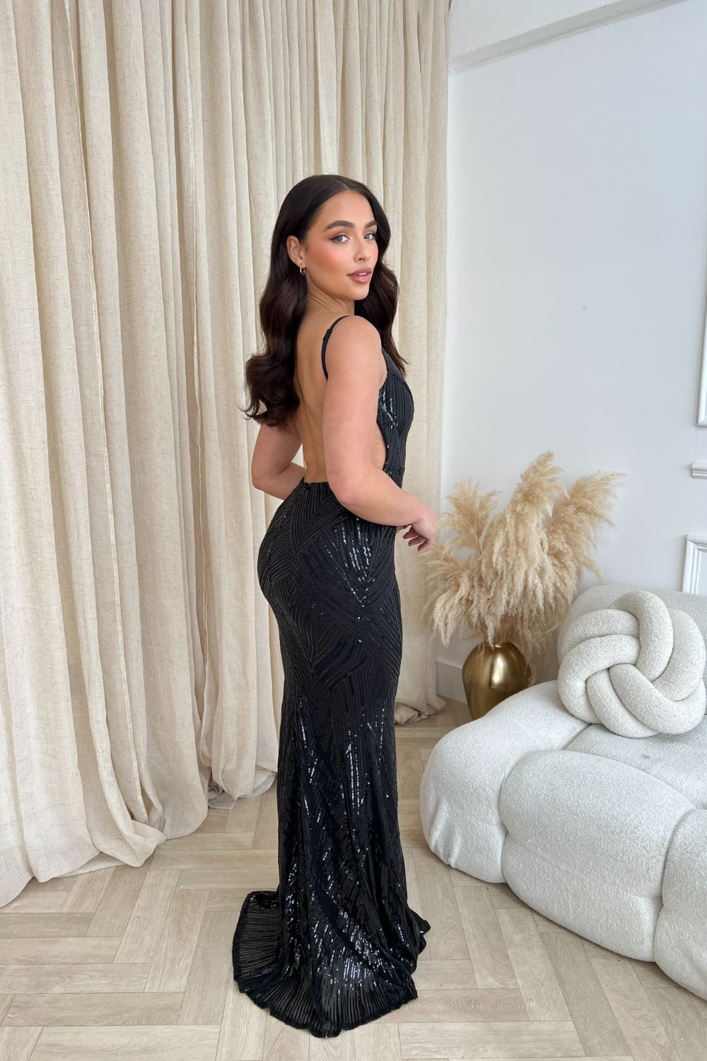 Endless Black Luxe Sequin Backless Hourglass Mermaid Fishtail Maxi Gown Dress