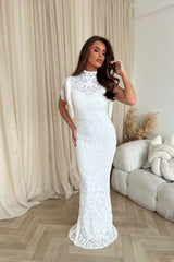 Magic Vip White Luxe Tassel Fringe Sequin Embellished Illusion Maxi Dress