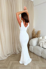 Mesmerised White Triple V Plunge Jewel Shoulder Fringe Sequin Hourglass Mermaid Maxi Dress