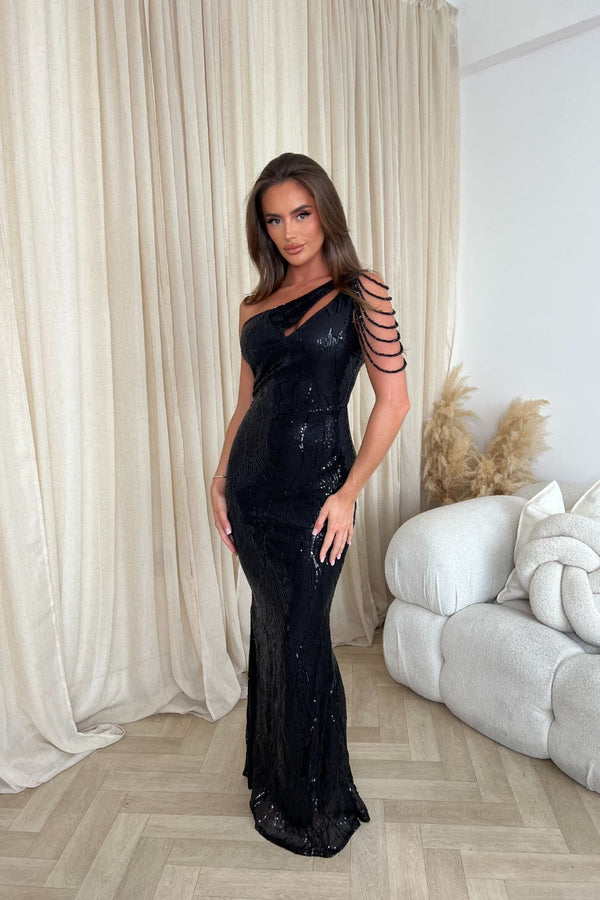 Impress Luxe Black One Shoulder Beaded Fringe Sequin Embellished Illusion Maxi Dress