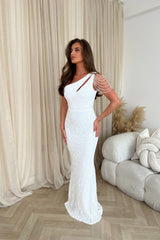 Impress Luxe White One Shoulder Beaded Fringe Sequin Embellished Illusion Maxi Dress