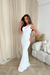 Impress Luxe White One Shoulder Beaded Fringe Sequin Embellished Illusion Maxi Dress