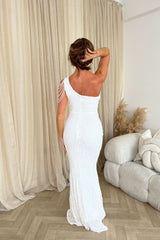 Impress Luxe White One Shoulder Beaded Fringe Sequin Embellished Illusion Maxi Dress