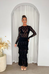 Amora Black Ruffle Layered Sheer Floral Lace Long Sleeve Maxi Dress