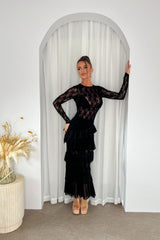 Amora Black Ruffle Layered Sheer Floral Lace Long Sleeve Maxi Dress