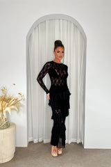 Amora Black Ruffle Layered Sheer Floral Lace Long Sleeve Maxi Dress