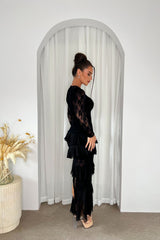 Amora Black Ruffle Layered Sheer Floral Lace Long Sleeve Maxi Dress