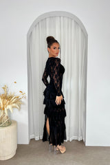 Amora Black Ruffle Layered Sheer Floral Lace Long Sleeve Maxi Dress