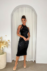 Alora Black Luxe Beaded Shoulder Sequin Embellished High Neck Hourglass Illusion Midi Dress