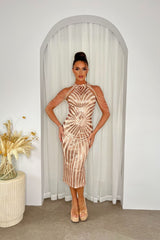 Alora Rose Gold Luxe Beaded Shoulder Sequin Embellished High Neck Hourglass Illusion Midi Dress