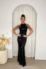 Senseless Luxe Black High Neck Beaded Shoulder Sequin Embellished Hourglass Illusion Maxi Dress