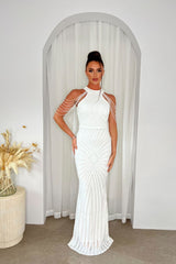 Senseless Luxe White High Neck Beaded Shoulder Sequin Embellished Hourglass Illusion Maxi Dress