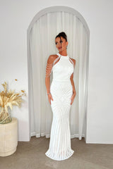 Senseless Luxe White High Neck Beaded Shoulder Sequin Embellished Hourglass Illusion Maxi Dress