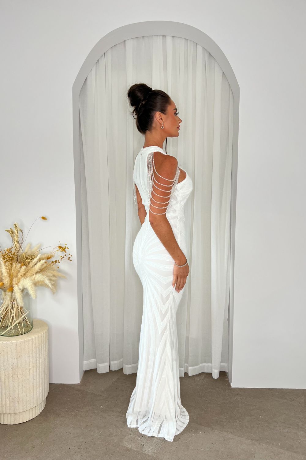 Senseless Luxe White High Neck Beaded Shoulder Sequin Embellished Hourglass Illusion Maxi Dress