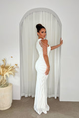 Senseless Luxe White High Neck Beaded Shoulder Sequin Embellished Hourglass Illusion Maxi Dress