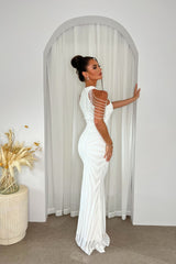 Senseless Luxe White High Neck Beaded Shoulder Sequin Embellished Hourglass Illusion Maxi Dress