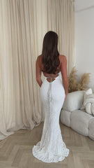 Unapologetic White Luxe Sequin Embellished Rhinestone Jewelled Straps Slit Maxi Dress