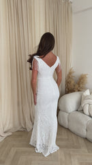 Mesmerised White Triple V Plunge Jewel Shoulder Fringe Sequin Hourglass Mermaid Maxi Dress