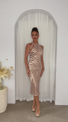 Alora Rose Gold Luxe Beaded Shoulder Sequin Embellished High Neck Hourglass Illusion Midi Dress