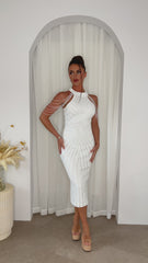 Alora White Luxe Beaded Shoulder Sequin Embellished High Neck Hourglass Illusion Midi Dress