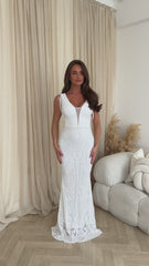 Mesmerised White Triple V Plunge Jewel Shoulder Fringe Sequin Hourglass Mermaid Maxi Dress