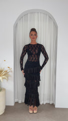 Amora Black Ruffle Layered Sheer Floral Lace Long Sleeve Maxi Dress