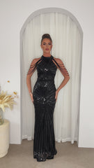 Senseless Luxe Black High Neck Beaded Shoulder Sequin Embellished Hourglass Illusion Maxi Dress