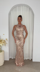 Senseless Luxe Rose Gold High Neck Beaded Shoulder Sequin Embellished Hourglass Illusion Maxi Dress