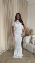 Magic Vip White Luxe Tassel Fringe Sequin Embellished Illusion Maxi Dress