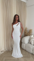 Impress Luxe White One Shoulder Beaded Fringe Sequin Embellished Illusion Maxi Dress