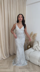 Endless Silver & White Luxe Sequin Backless Hourglass Mermaid Fishtail Maxi Gown Dress