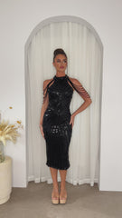 Alora Black Luxe Beaded Shoulder Sequin Embellished High Neck Hourglass Illusion Midi Dress