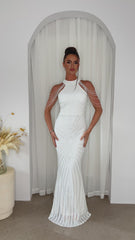 Senseless Luxe White High Neck Beaded Shoulder Sequin Embellished Hourglass Illusion Maxi Dress