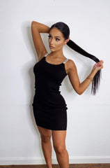 Angelina Black Diamante Strap Ribbed Knitted Pencil Midi Bodycon Dress