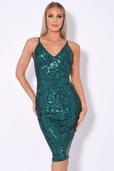 High Shine Luxe Green Sequin Backless Midi Dress