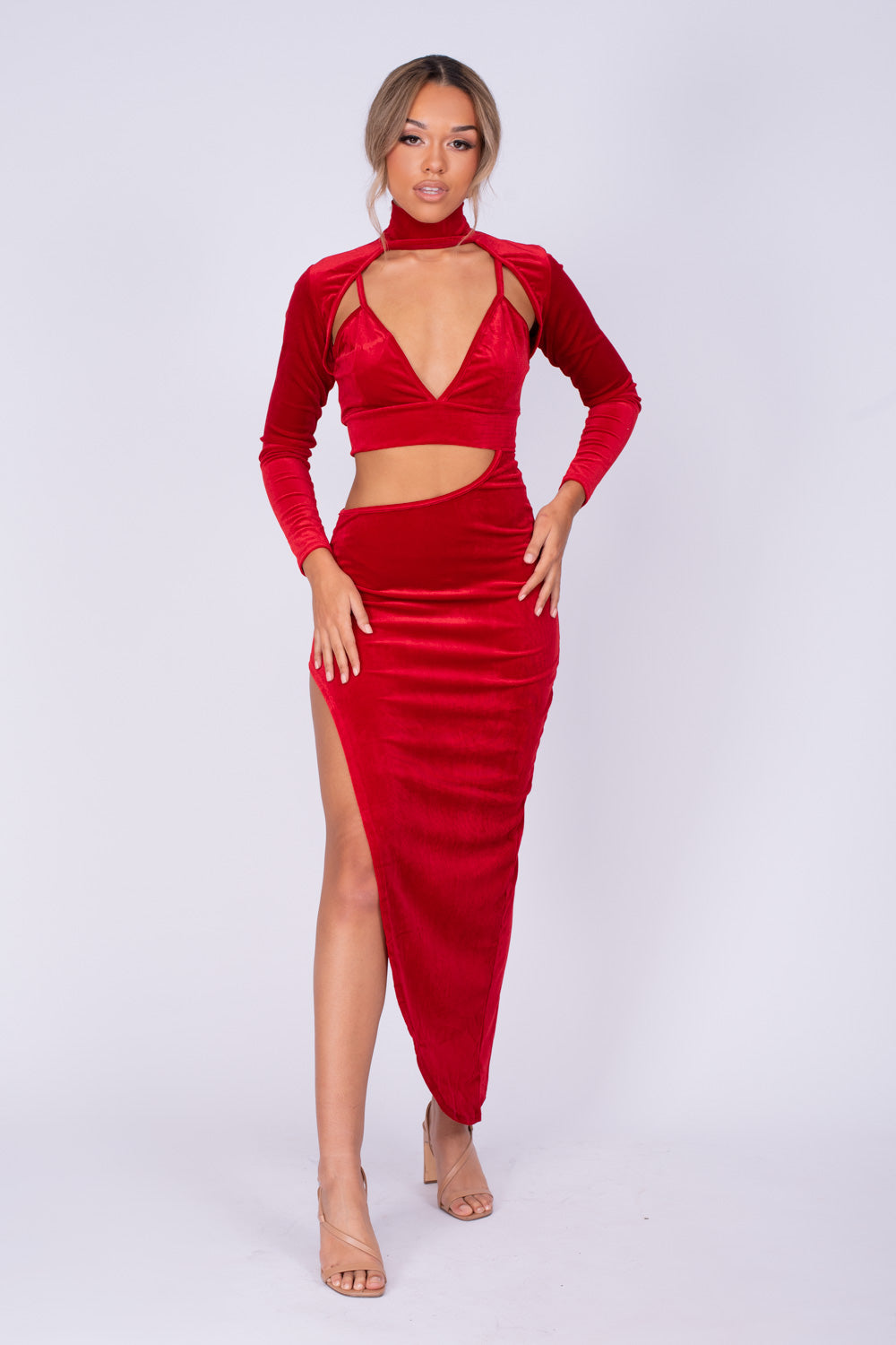 Alter Ego Red Velvet Asymmetric Cut Out Bralette Long Sleeve Dress – Nazz  Collection