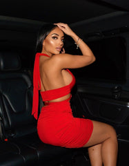 Best Assets Red Slinky Ruched Halterneck Tie Back Two Piece Co-ord Set