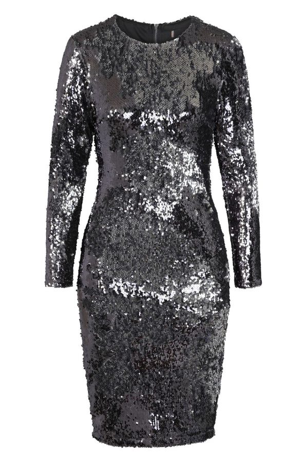 Starlight Chrome Silver Luxe Reversible Sequin Long Sleeve Midi Dress