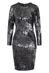 Starlight Chrome Silver Luxe Reversible Sequin Long Sleeve Midi Dress