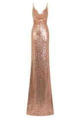 Saint Rose Gold Cowl Plunge Sequin Slinky Side Slit Fishtail Dress